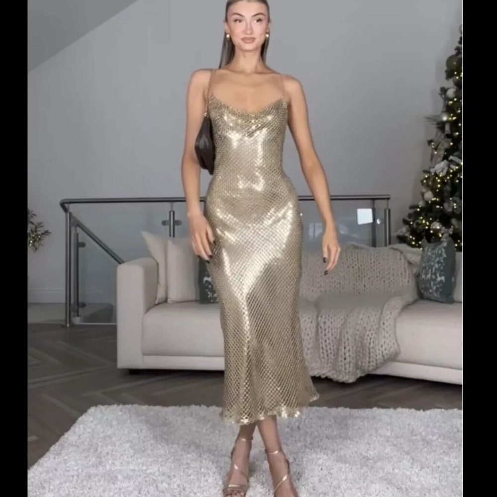 Gold Mesh Midi Dress